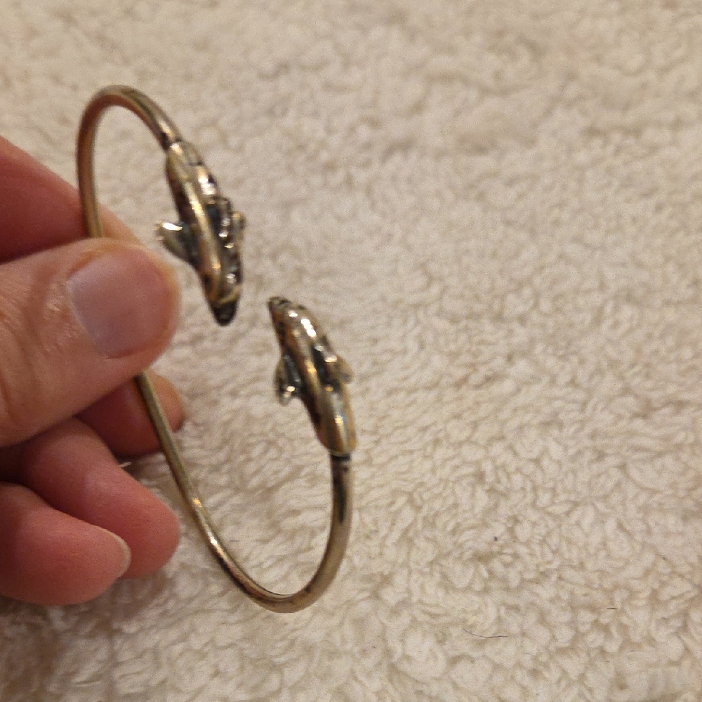 Gold Tone Over Sterling Silver Dolphin Open Bangle Bracelet
